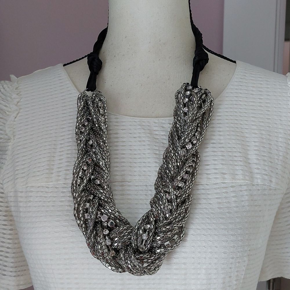 Chico's Chunky Braided Silver Tone Mesh Chains and Rhinestones Strands Necklace